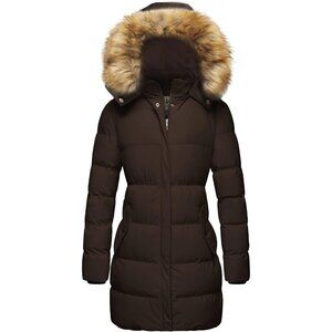 Women's Coffee Winter Puffer Coat Warm Jacket With Removable Hood
